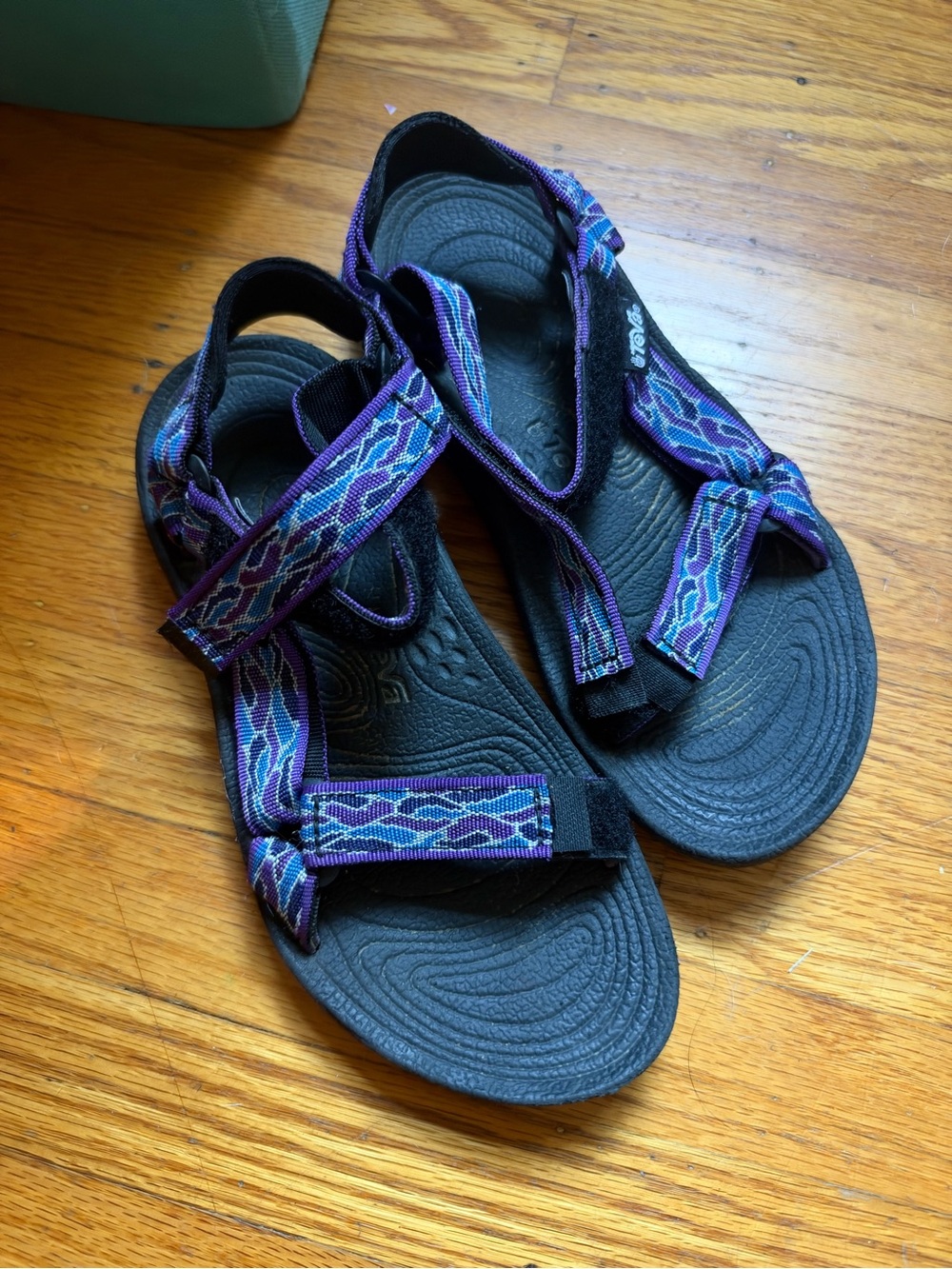 Teva Women's Black Footbed Sandals with Purple Patterned Straps